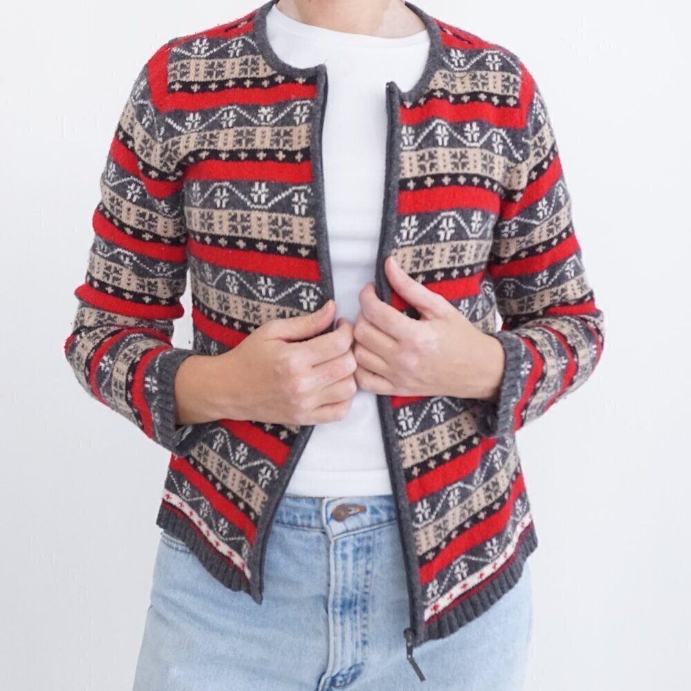 Vintage Liz Claiborne Grey Knit 10% Wool w Red Design Zip Up Cardigan Sweater S